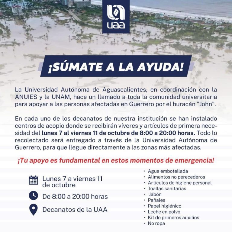 UAA CONVOCA A LA SOCIEDAD A SUMARSE A LA CAMPAÑA DE AYUDA PARA DAMNIFICADOS DE GUERRERO